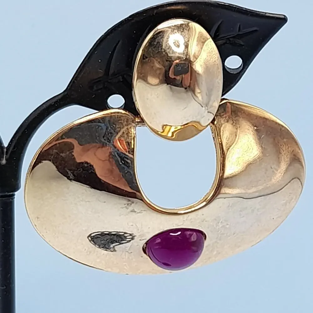 Vintage Chunky Dangle Clip Earrings, Purple Cabochons, Gold Tone, 1980s